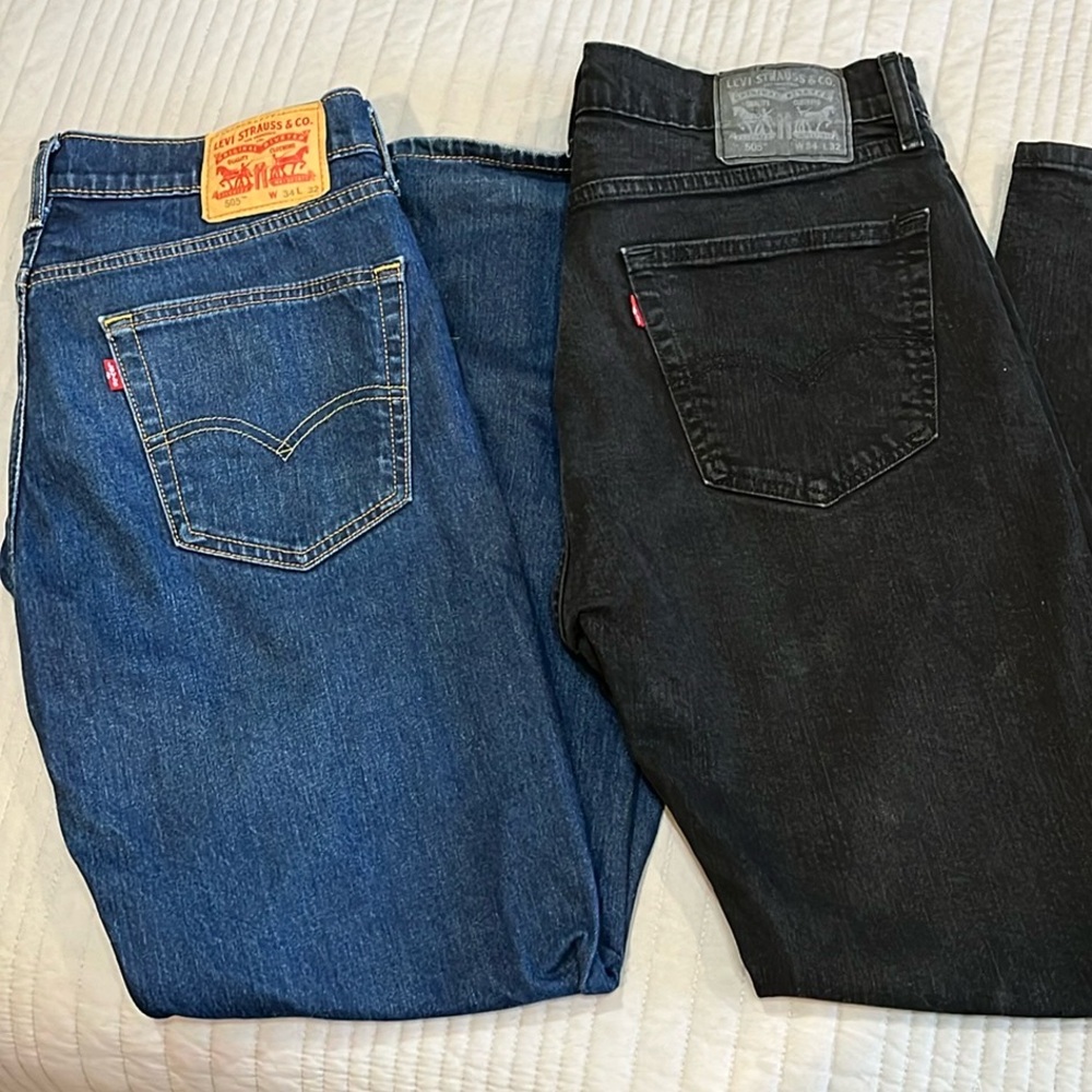 Levis 505 Jeans. Black wash and Blue wash. Listing is for 2 will not separate.